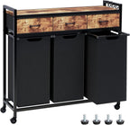 Laundry Hamper, Laundry Sorter 3 Section, Rolling Laundry Basket with Wheels, 3 Drawers, 3 × 14.5 Gal (55 L), Pull-Out and Removable Oxford Fabric Bags, Black and Rustic Brown