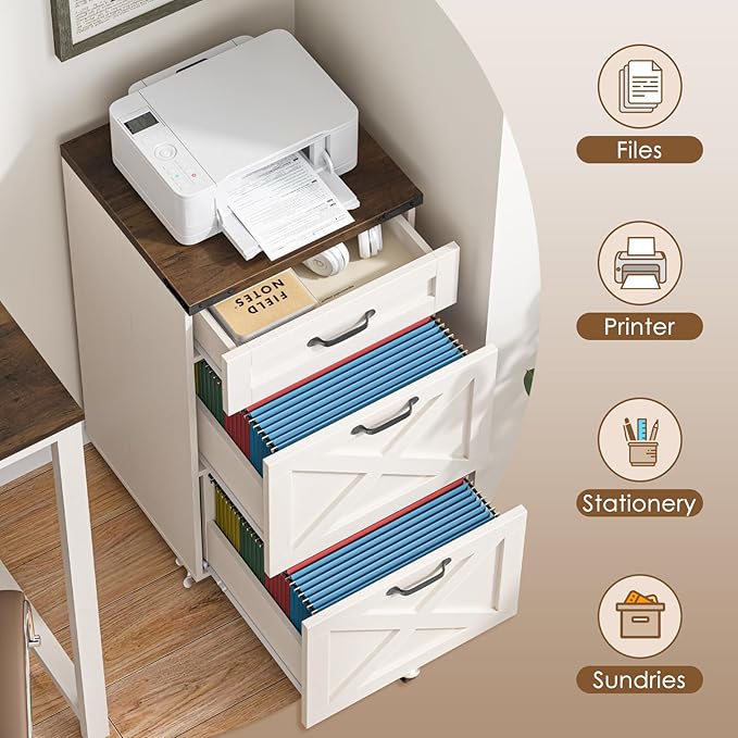 3 Drawer Small File Cabinet with Wheels, Farmhouse Vertical Filing Cabinet Fits Letter/A4 Size, Rolling File Cabinets Wooden Printer Stand for Home Office, Rustic White