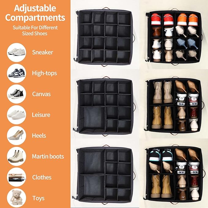 2 Pack Shoe Organizer for Closet, Fits up to 32 Pairs, Adjustable Dividers for Shoe Storage, Space-Saving Shoe Bins and Clear Top, Black