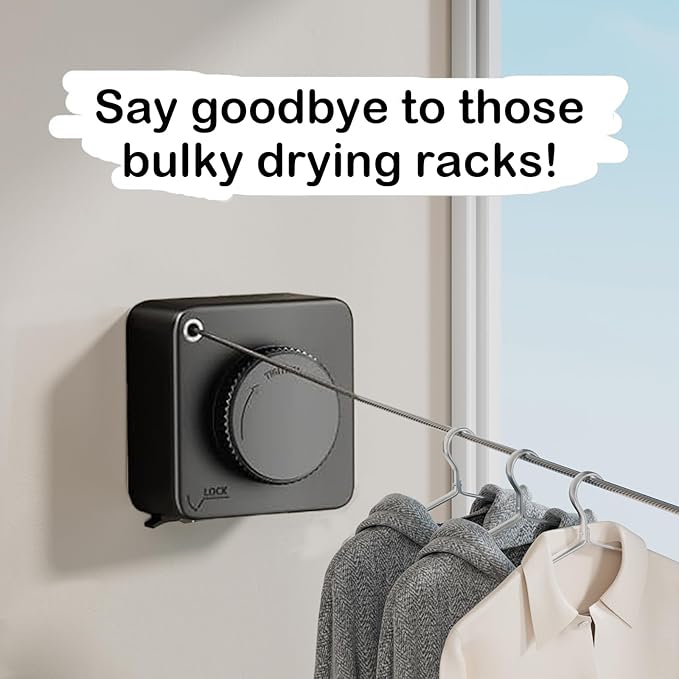 JXKNKSR-Telescopic Clothesline Indoor and Outdoor, Heavy-Duty Laundry Line, Wall Mounted, Safety Lock System (Black+10Clothes Pins)