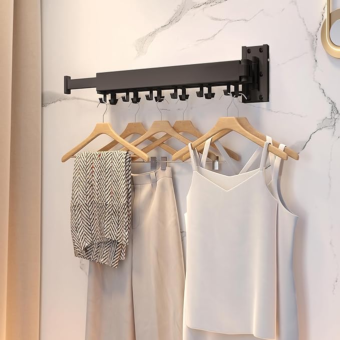 Clothes Drying Rack for Laundry,Wall Mounted Clothes Hanger Rack,Folding,Retractable,Collapsible(J Shape Hooks)