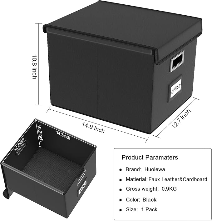 Huolewa File Organizer Box with Lid, Collapsible Faux Leather Hanging File Folder Box Organizer with Plastic Slides, Decorative Home/Office Filing System Boxes for File and Folders Storage