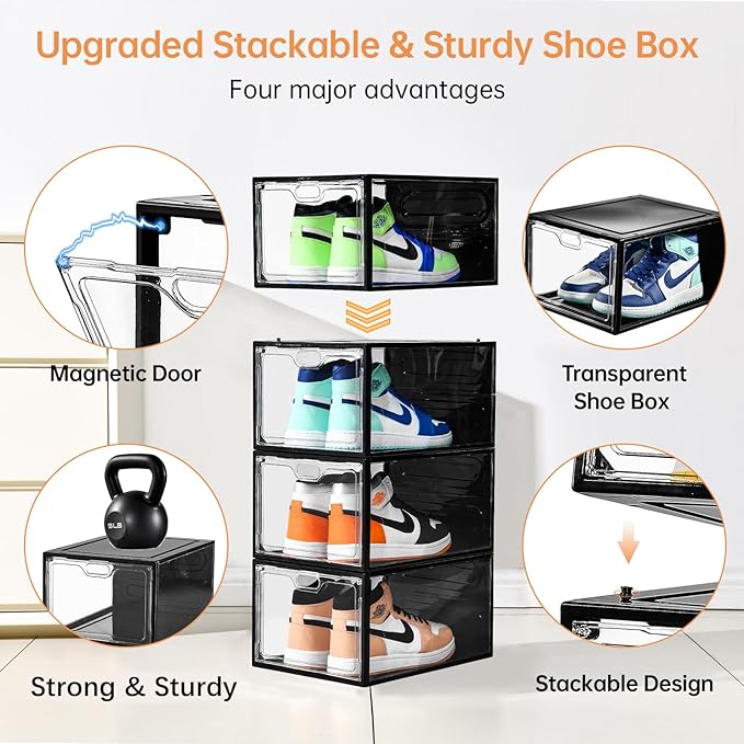 12 Pack Large Shoe Storage Box, Clear Shoe Storage Organizer with Magnetic Door, Stackable,Shoe Containers For Display Sneakers, Easy Assembly, Fit up to US Size 12, Transparent