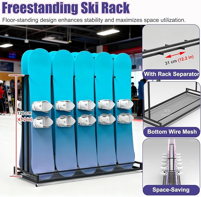 1 2 3 4 5 6 8 9 10 Pair Ski Storage Rack for Organize, Indoor Ski Board Stand for Garage/Basement/Shed, Floor Standing Longboard Carrier Wheels(Holds 12 pcs(6 Pair))