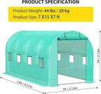 15x7x7 ft Walk-in Tunnel Greenhouse with Galvanized Steel Frame & 8 Mesh Windows, Weather-Resistant Outdoor Plant Hot House for Vegetables, Green PE Cover & 2 Roll-Up Zipper Doors