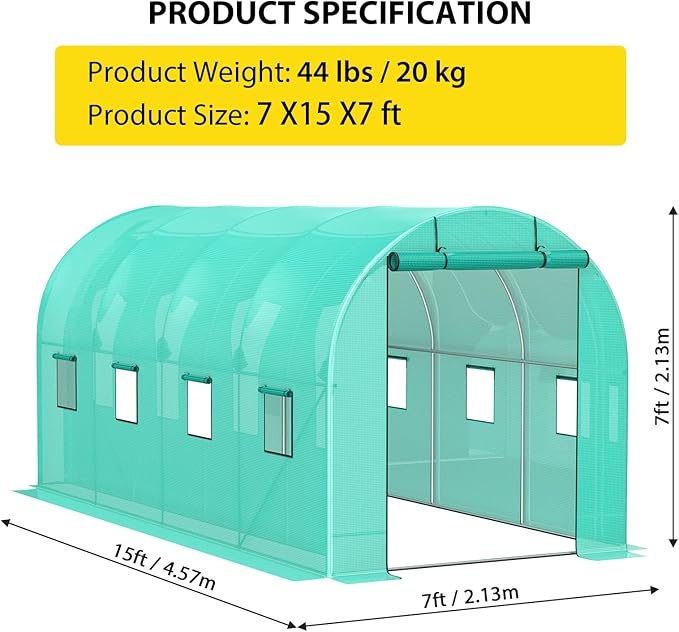 15x7x7 ft Walk-in Tunnel Greenhouse with Galvanized Steel Frame & 8 Mesh Windows, Weather-Resistant Outdoor Plant Hot House for Vegetables, Green PE Cover & 2 Roll-Up Zipper Doors