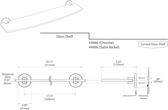 Gatco 4696 Channel Glass Shelf, Satin Nickel/Wall Mounted 20.13" x 5.25" Tempered/Floating Rectangle Glass Shelf for Bathroom