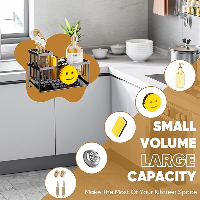 Sponge Holder for Kitchen Sink,Smiley Face Sink Caddy with Removable Brush Holder,Self-Draining Sponge Caddy for Sponge,Soap,Dish Brush,Scrubber,Kitchen Essentials and Gadgets
