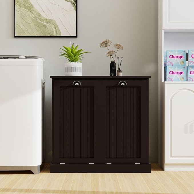 Two-Compartment Tilt-Out Laundry Sorter Cabinet with Removable Bags, E1 MDF Construction, UV Painted Finish, 32.68" L x 31.5" H, 100 Lbs Capacity, Black