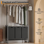 Laundry Sorter Cart with Extendable Hanging Rod, Compact 3 Section Laundry Hamper On Wheels for Apartments, Rolling Laundry Organizer, Dirty Cloth Hamper for Bathroom Laundry