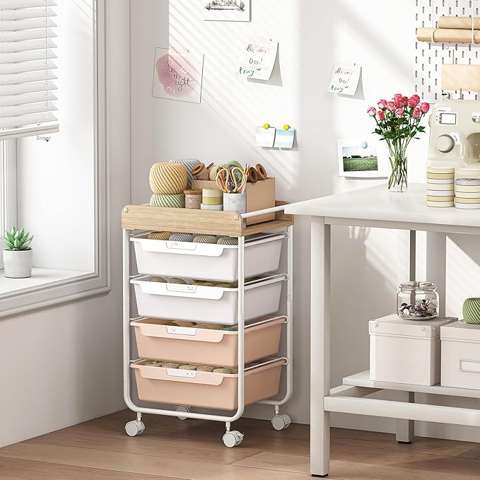 Rolling Craft Storage Cart with 4 Drawers,Utility Cart with Drawers,Art Craft Organizers and Storage,Kids Craft Cart,Kids Art Cart With DIY Lable and Wooden Tabletop Area, Pearl