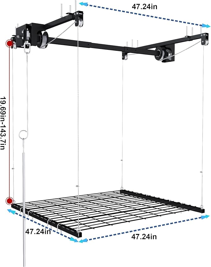 Hanging Garage Ceiling Storage Racks, Adjustable Overhead Garage Storage Lift, Mounted 4×4 FT Heavy-Duty Steel Platform for High Ceilings 10–12 FT, Supports 250 lbs for Everyday Use