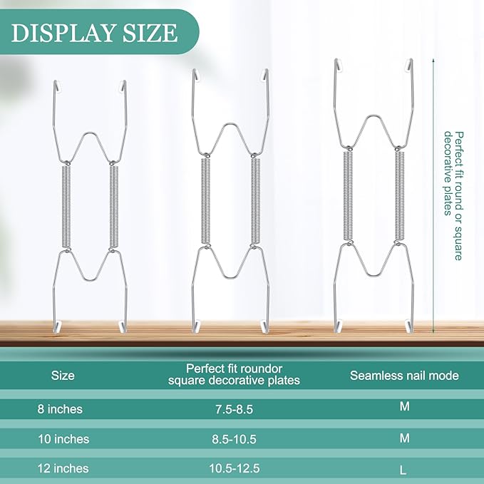 Hotop 12 Pieces Plate Hangers for Wall Stainless Steel Wire Invisible Heavy Duty Plate Hangers Display Holders with 12 Pieces Hooks for Wall Decorative(8/10/12 Inch,Silver)