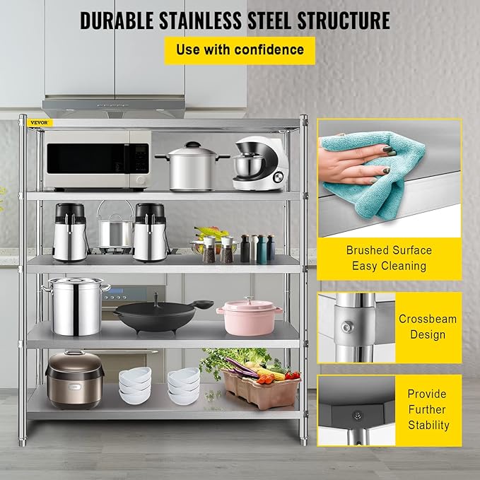 VEVOR Storage Shelf, 5-Tier Storage Shelving Unit, Stainless Steel Garage Shelf, Heavy Duty Storage Shelving, 1650 Lbs Total Capacity with Adjustable Height