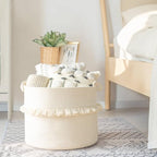 CherryNow Large Woven Storage Baskets – 16'' x 13'' Cotton Rope Decorative Hamper for Nursery, Toys, Blankets, and Laundry, Cute Tassel Nursery Decor - Home Storage Container Off-white