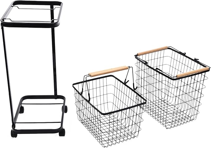 2 Tier Laundry Sorter,Metal Laundry Basket With Wheels,Vertical Rolling Laundry Cart for Bathroom Storage & Laundry Room