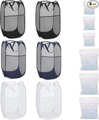 6Pcs Mesh Pop Up Laundry Hamper, FHDUSRYO Foldable Pop Up Hamper, Collapsible Laundry Basket with Carry Handles, Portable Dirty Clothes Basket with 6 Wash Bags, Mesh Hamper for Dorm Bedroom Travel