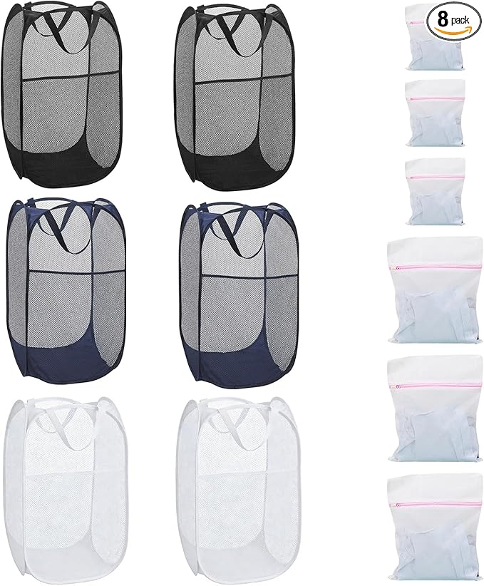 6Pcs Mesh Pop Up Laundry Hamper, FHDUSRYO Foldable Pop Up Hamper, Collapsible Laundry Basket with Carry Handles, Portable Dirty Clothes Basket with 6 Wash Bags, Mesh Hamper for Dorm Bedroom Travel