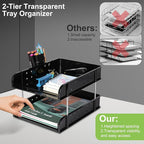 Stackable Letter Tray Papers Organizers, A4 Size Desk Organizer Tray for Letter Paper Stationery Desk Accessories, Plastic Black Paper Holder File Organizer for Office, School, Home (Dark Black)