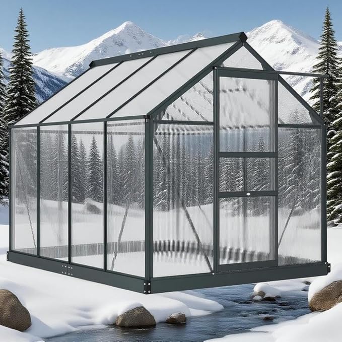 Aluminum Greenhouse with Polycarbonate Panels, Walk-in Garden Greenhouse for Outdoor Plant Growing, Durable Structure for Year-Round Gardening (Gray + Aluminum)