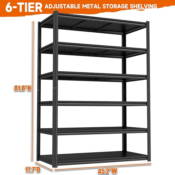 6 Tier Storage Shelves 3900 LBs Heavy Duty Garage Shelving Unit, Adjustable Metal Shelf Industrial Storage Racks Utility Shelf Organiazation for Tools Garage Basement Warehouse 45.2"W*17.7"D*81.8"H