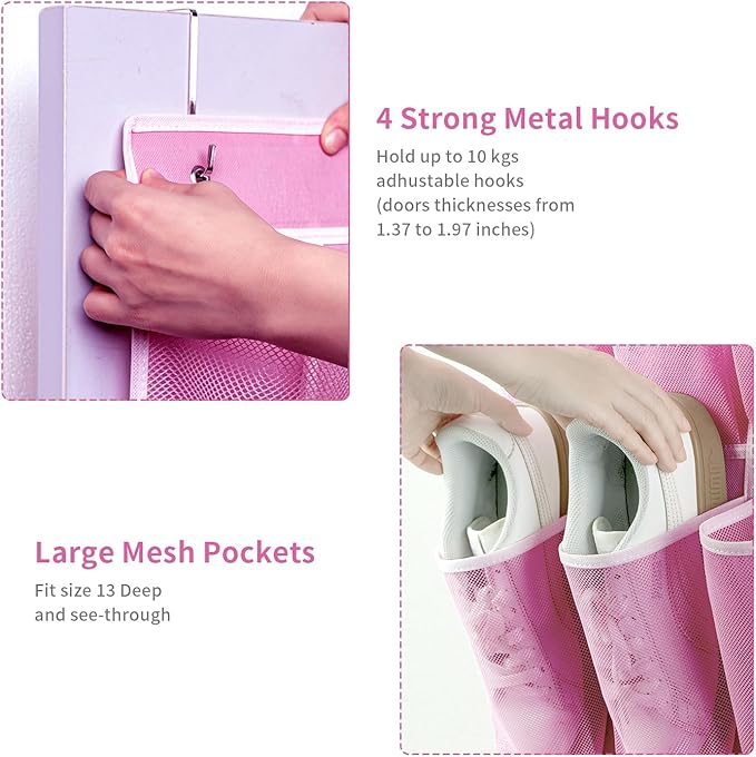 35 Pockets Over the Door Shoe Organizer, Hanging Shoe Organizer for Door with 35 Mesh Pockets Large Capacity Shoe Hanging Storage Bag with 4 Metal Hooks (Pink-1Pack)