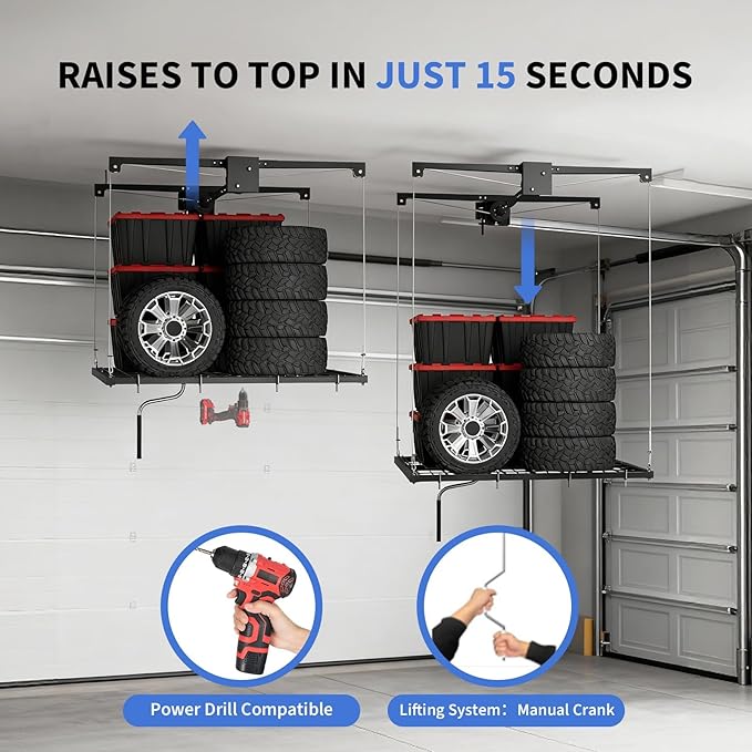 GAOMON Overhead Ceiling Storage Rack 4x4 ft,Heavy-Duty Carbon Steel Garage Lifting Rack with Manual Hand Crank, Adjustable Height, 350 Lbs Capacity, Maximizes Overhead Space for Garages, Basements