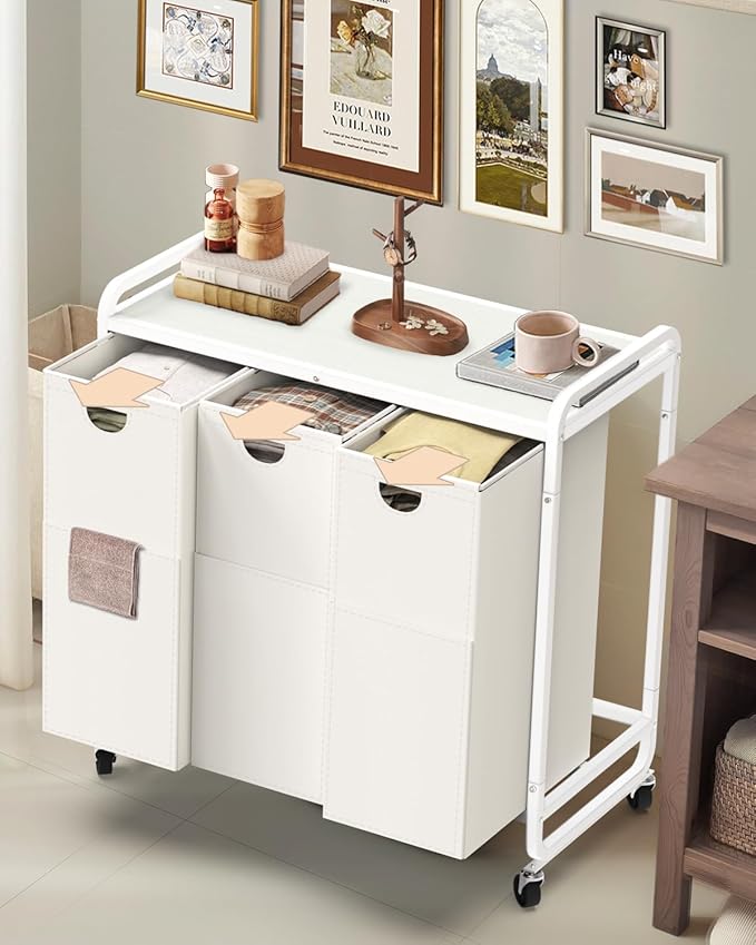 Laundry Sorter 3 Section,Laundry Basket with Wheels,3×15.8 Gal (60L) Laundry Hamper Organizer with Large Wooden Desktop Sorter,Pull-Out and Removable Laundry Bags (Creamy White, 3 Bags - 180L)