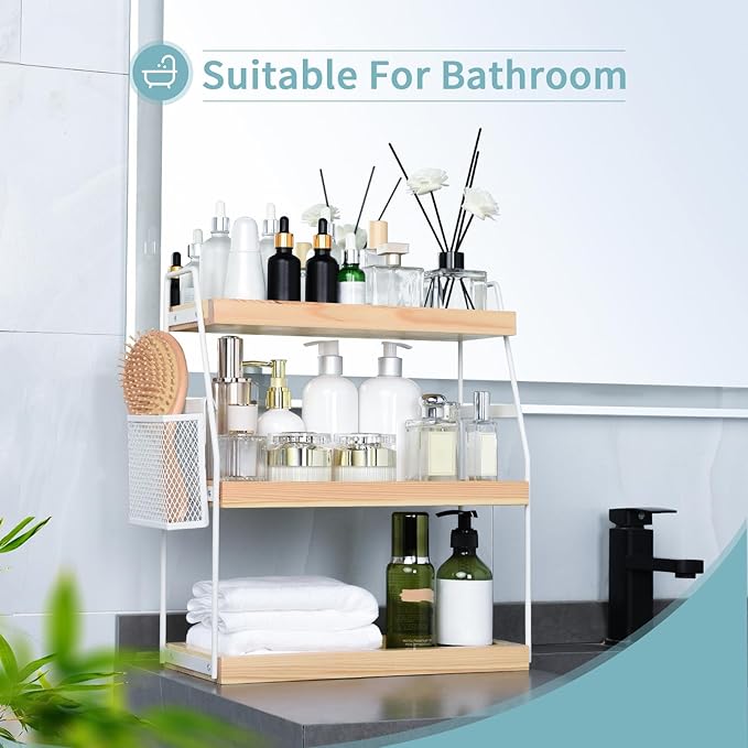 Bathroom Counter Organizer, 3-Tier Standing Storage Shelf with Basket, Wood Tray for Skincare Vanity Organizer(White)