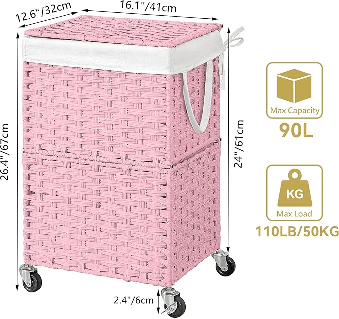 Chrislley 90L Slim Laundry Hamper with Wheels, Rolling Laundry Basket with Lid and Renovable Liner Bag, Handwoven Rattan Organizer for bedroom, bathroom, laundry room (Pink)