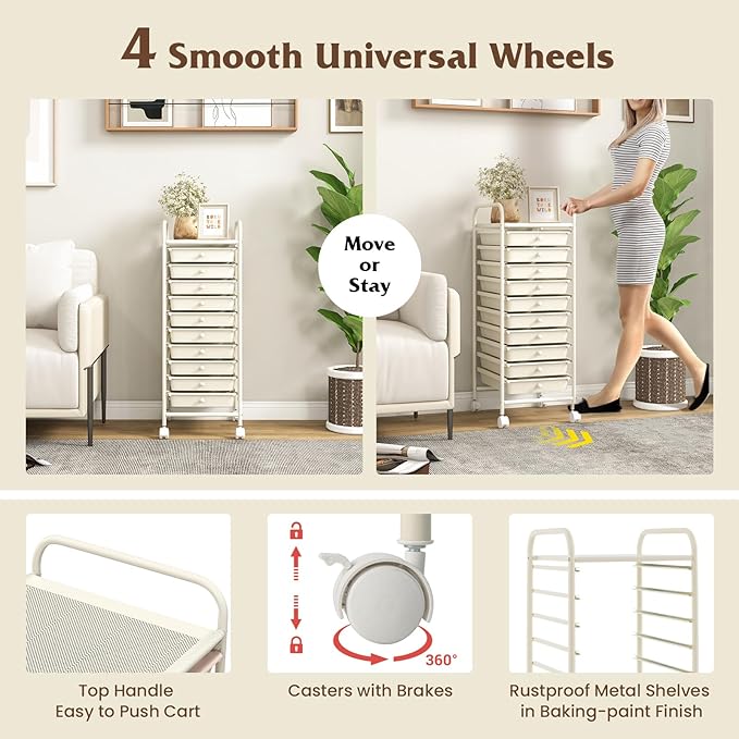 Storage Cart, Rolling Utility Cart with 10 Drawers, Portable Handles & Lockable Wheels, Mobile Paper Toys Storage Organizer Large Capacity for Home Office School Teacher (White)