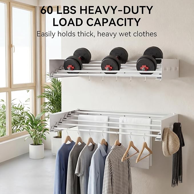 Extra Wide 42.52" Laundry Drying Rack Wall Mount - Retractable Clothes Drying Rack with 6 Hooks & 6 Knobs, Heavy Duty 60LBS Metal Airer, Large Foldable Wall Hanger for Indoor