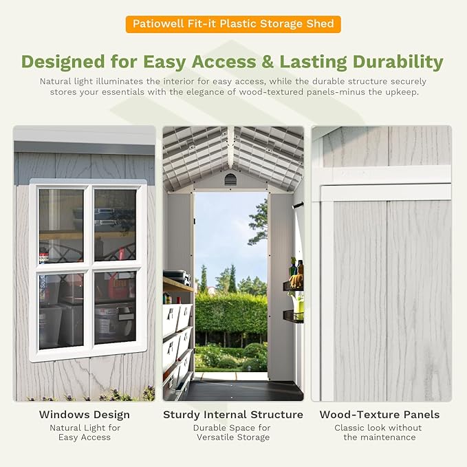 Patiowell 4' x 4' Outdoor Storage Shed with Floor, Plastic Shed Outside Resin Tool Shed with Window and Lockable Door for Backyard Garden Patio Lawn, Light Gray