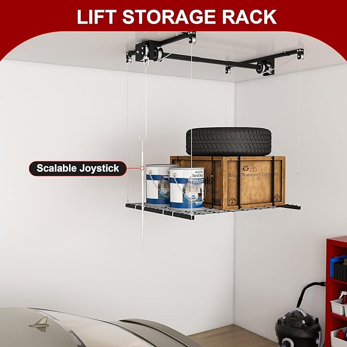 Montary 4x4 FT Overhead Garage Storage Rack for 10-12 FT Ceiling, Adjustable Ceiling Storage Rack with Safety Lock, 250LBS Capacity All-Steel Construction Heavy-Duty Garage Lifting Organizer
