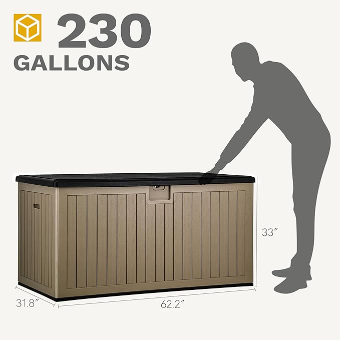 DWVO 230 Gallon Resin Outdoor Storage Box, XXL Double-Wall Waterproof Deck Box with Divider, Doubles as Table or Seating with 1000 lbs Capacity, Lockable (Black&Brown)