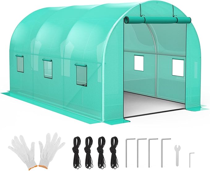 13x8x7 ft Walk-in Tunnel Greenhouse with Galvanized Steel Frame & 6 Mesh Windows, Weather-Resistant Outdoor Plant Hot House for Vegetables, Green PE Cover & Roll-Up Zipper Door
