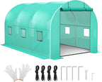 13x8x7 ft Walk-in Tunnel Greenhouse with Galvanized Steel Frame & 6 Mesh Windows, Weather-Resistant Outdoor Plant Hot House for Vegetables, Green PE Cover & Roll-Up Zipper Door
