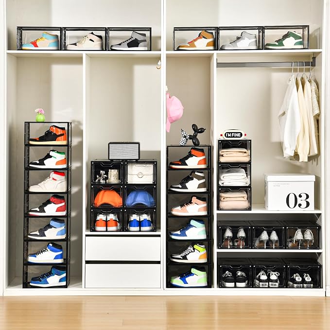 12 Pack Stackable Shoe Storage Organizer with Magnetic Door, Shoe Boxes Clear Black Plastic for Closet, Shoe Rack for Sneaker Boot Container, Shoe Cabinet Fit up to US Size 12