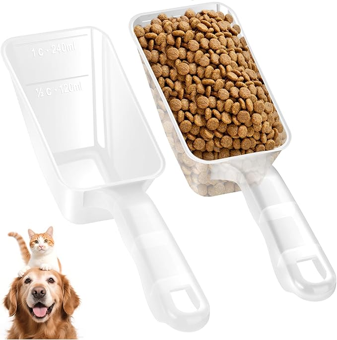 2-Pack Dog Food Scoop 1 Cup, Plastic Pet Food Measuring Scoop With Measuring Lines (1/2 & 1 Cup Markings) for Dogs, Cats, Fish, Bird（Transparent