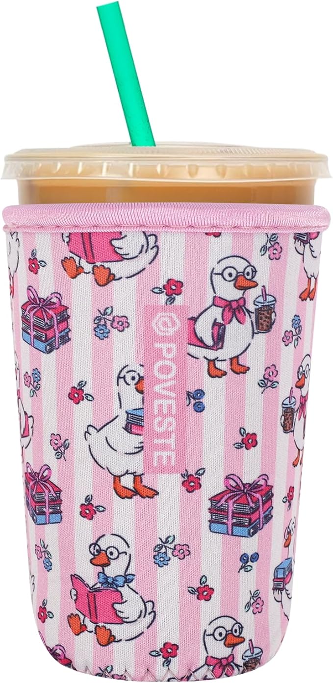 Reusable Neoprene Insulator Sleeve for Iced Coffee & Cold Soda, Coffee Sleeves for Iced & Hot Drinks, Cold Beverage Cooler Compatible with Starbucks, Dunkin (Reading Goose, Medium: 22-24oz)