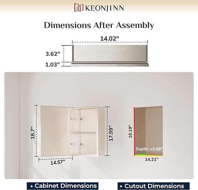 Keonjinn Small Medicine Cabinet Mirror 14" x 18", Assembly Needed, Brushed Nickel Medicine Cabinet with Mirror, Beveled Framed, Stepless Adjustable Shelf, One Shelf Only, Wall-Mounted or Recessed