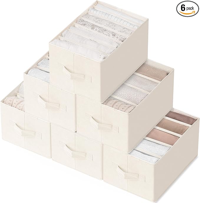 Criusia 6 Pack Large Clothes Organizer, Wardrobe Closet Organizer and Storage with Handles, Foldable Fabric Closet Organizers Dividers for Clothing, Pants, Jeans, Sweater, T-shirts, Beige