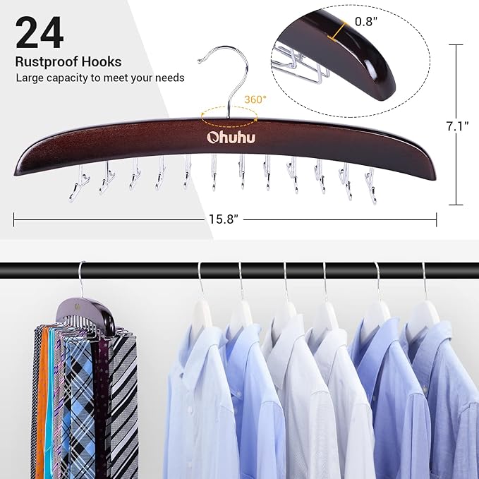 Tie Rack Hanger for Closet: Ohuhu 24 Folding Hooks Tie Hangers for Men Wooden Tie Holder Organizer Space Saving Necktie Storage 360 Degree Rotating Ties Belts Scarves Tank Tops Accessories-Walnut