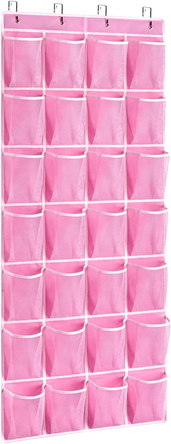 KEEPJOY 28 Pocket Over The Door Shoe Organizer, 2Pack Hanging Shoe Organizer for Door, Hanging Door Shoe Holder Rack with Mesh Pockets Large Size 65 x 23 inch (Pink-2Pack)