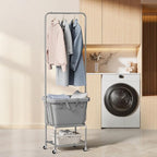 ELYKEN Laundry Cart with Hanging Rack, Rolling Laundry Hamper with Wheels, Laundry Basket with Removable Liner Bag and Shelf, Sturdy Metal Frame Dirty Clothes Basket for Hotel, Home, Closet, Dorm