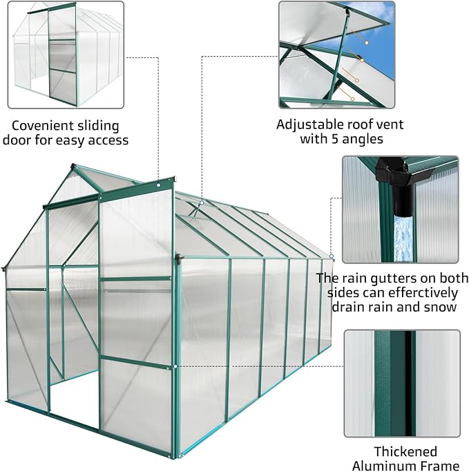 6X10FT Greenhouse for Outdoor, Polycarbonate Greenhouse with Raised Base and Anchor, Heavy-Duty Walk-in Green House with Adjustable Roof Vent and Gutter System for Patio,Backyard (Green, 6x12 FT)
