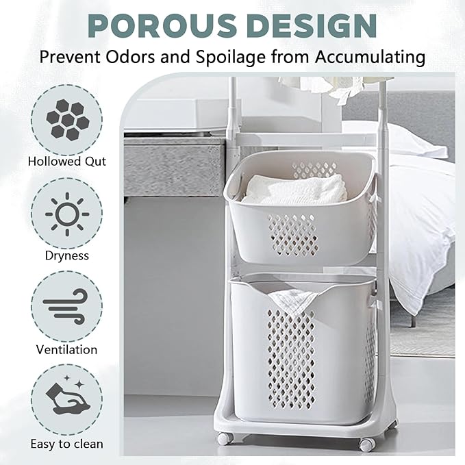 2-Tier Rolling Tiered Laundry Basket Organizer,Vertical Laundry Sorter with Wheels and Hanging Bar,Stacked Basket Holder for Bathroom & Laundry Room, White (68.5 Inch)