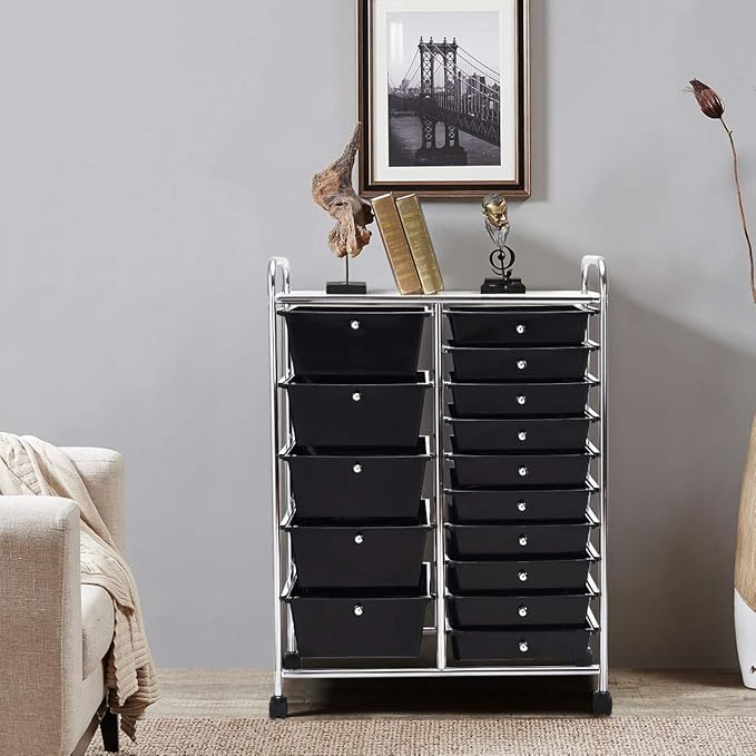 RELAX4LIFE 15 Drawer Rolling Storage Cart, Mobile Drawer Carts for Craft Art Supply Paper Salon, Utility Cart on Wheels for Classroom Teacher School Office, Rolling Cart with Drawers (Black)