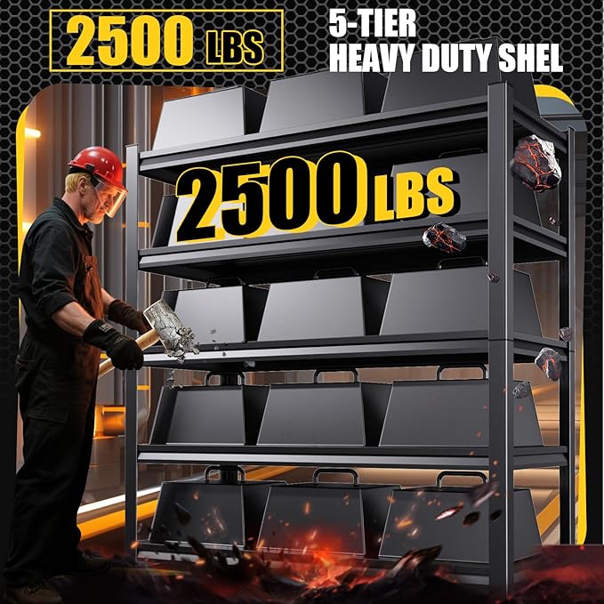 5-Tier Garage Shelving Heavy Duty, 2500LBS Garage Shelves, Adjustable Metal Shelving Unit, Garage Storage Shelves, Utility Storage Rack Shelf，Shelves for Garage Storage, 72" H×35.4" W×16" D