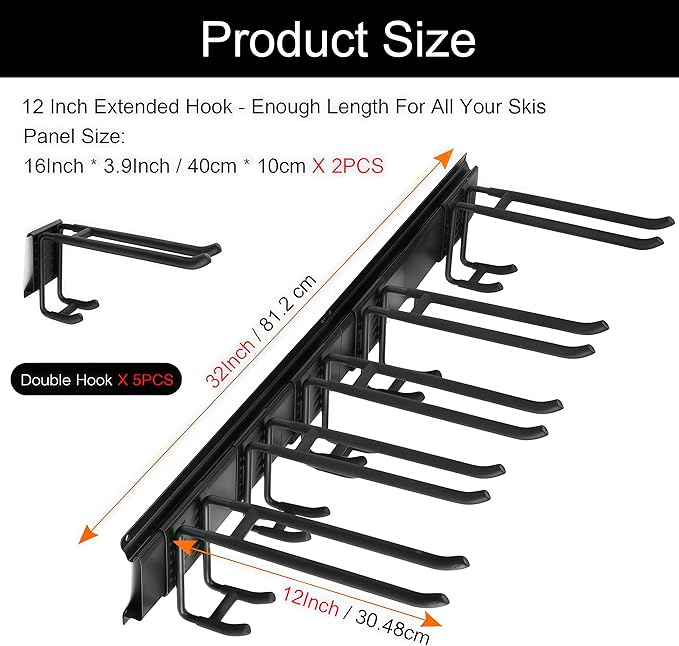 32 inch Ski Rack, Wall Mounted Ski Storage for Garage Storage Snowboard Organizer System, 10 Pairs of Skis Holder Hangers for Home Shed, Holds Up to 300lbs
